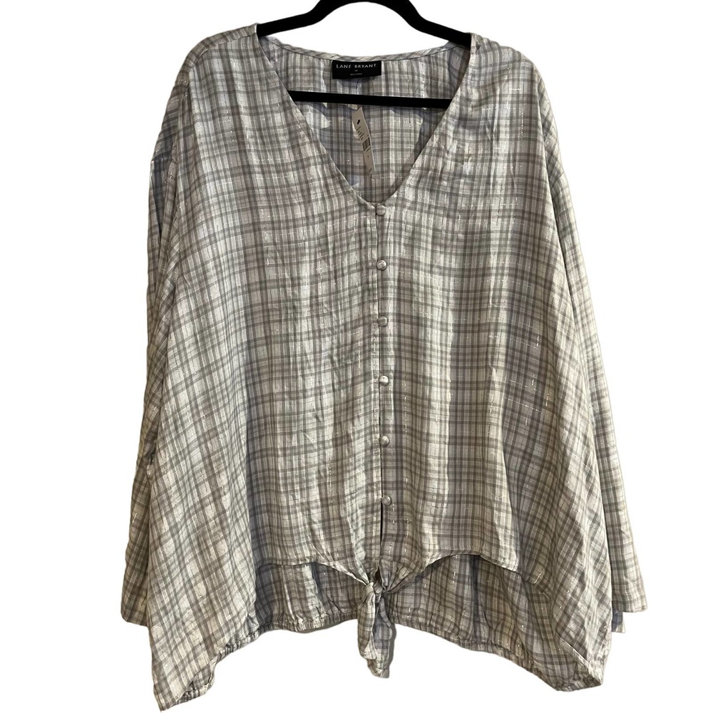 Lane Bryant Shirt NWT Gray Plaid Metallic‎ Button Down Tie Front Rayon Size 28